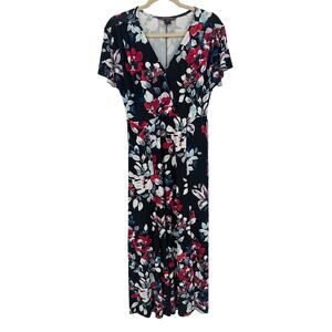 French Connection Black Maxi Dress Floral Surplice Neck Long Split Vacay 6